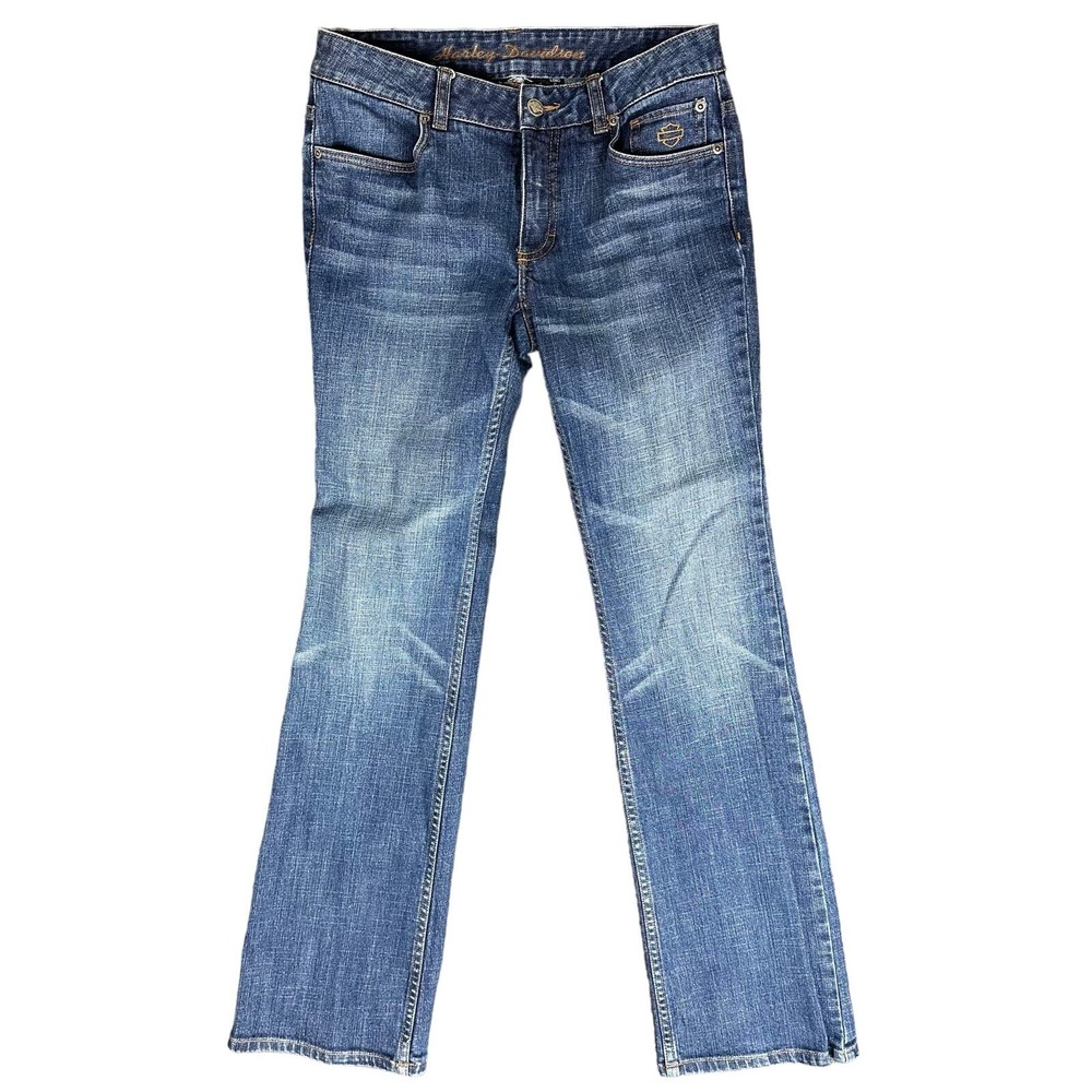 Harley Davidson Women's Jeans 6 Long Distressed Low Rise Bootcut Med Wash Denim